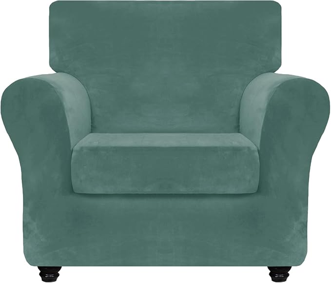 ZNSAYOTX Luxury Velvet Chair Slipcovers with Arm 2 Piece Stretch Chair Covers for Living Room Thick Soft Armchair Slipcover Anti Slip Pet Friendly Furniture Protector (Pea Green),30"-47"(1 Cushion) by ZNSAYOTX