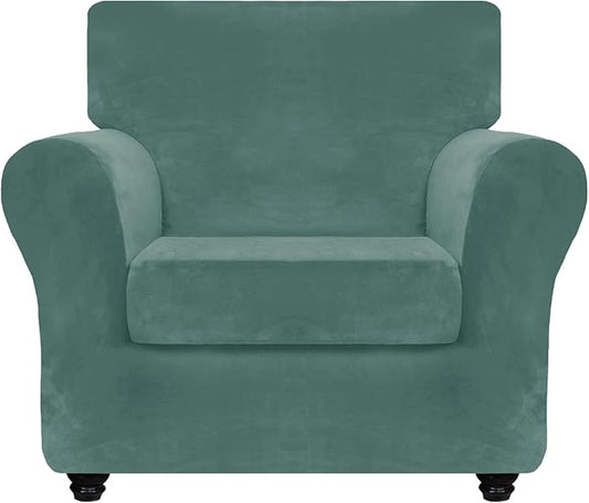 ZNSAYOTX Luxury Velvet Chair Slipcovers with Arm 2 Piece Stretch Chair Covers for Living Room Thick Soft Armchair Slipcover Anti Slip Pet Friendly Furniture Protector (Pea Green),30"-47"(1 Cushion) by ZNSAYOTX