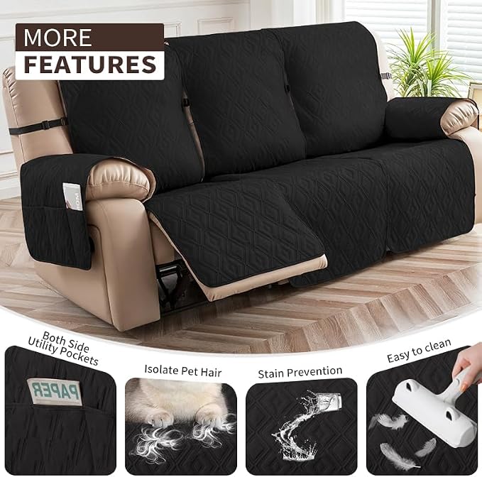 Genina Waterproof Couch Cover for Reclining Sofa - Non-Slip, Washable, 3 Seater Couch Protector for Dogs, Pets, Kids (Black, Recliner Sofa) - Image 3