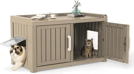 Cat Litter Box Enclosure Resin Hidden Cat Litter Box Furniture Multi-Functional Double Door Spacious Odorless Waterproof UV-Resistant Indoor Outdoor Use Grey by KFY