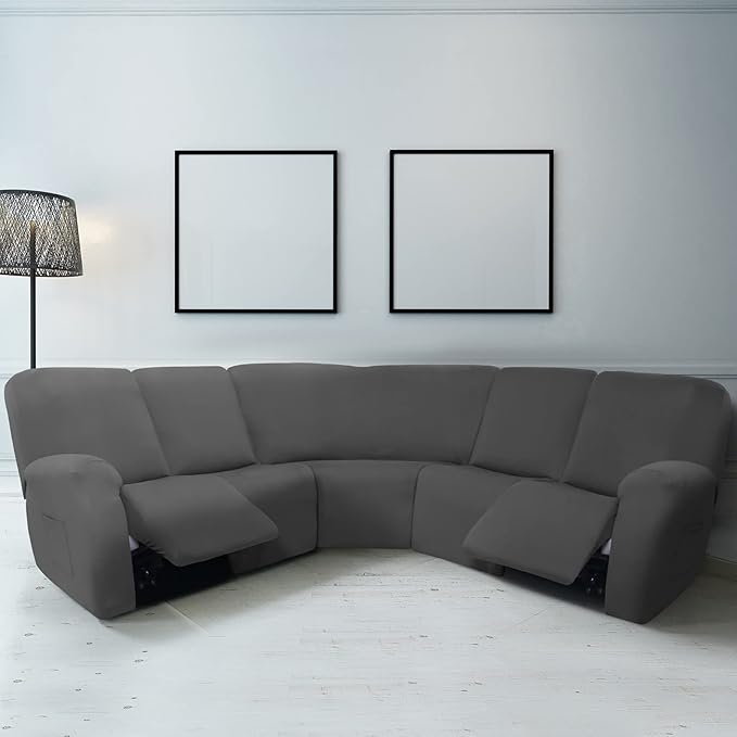 Peryiter 7 Pcs L Shape Sectional Recliner Sofa Covers 5 Seat Sectional Couch Covers Milk Silk Velvet Stretch Reclining Sofa Slipcover Furniture Protector for Living Room(Dark Gray,Milk Silk) - Image 2