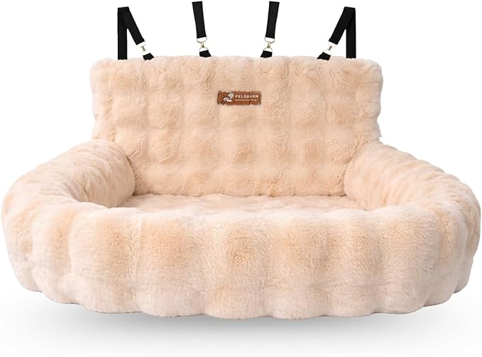 Pelsbarn Luxurious Cozy Car Bed - M/L Luxury Travel Dog Bed with Safety Belt - Ultra Soft Faux Fur - Beige
