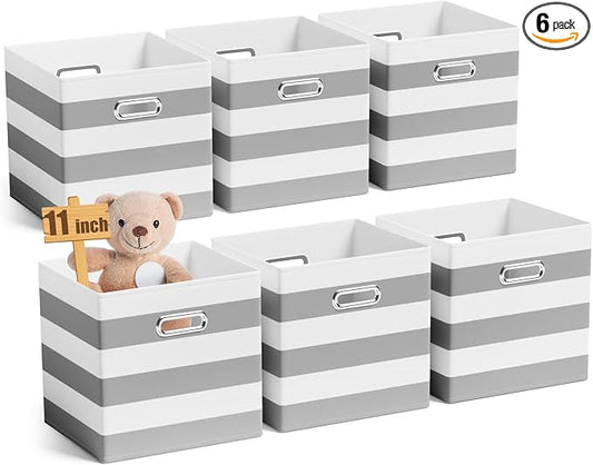 CroBlissful 11 Inch 6 Pack Fabric Storage Cubes with Metal Handles, Back to School Collapsible Organizer Bins for Classroom, Closet, Student Room, Toys and School Supplies (Grey and White) by CroBlissful