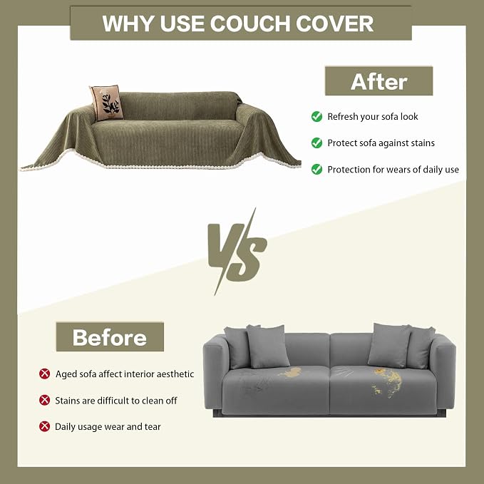 DREAMINGO Striped Chenille Couch Cover Blanket Washable Furniture Protector for Pets/Kids Farmhouse Modern Style Decorative Sofa Throw Cover for Living Room, Pom Pom Trim, Green, 71"x150" - Image 5