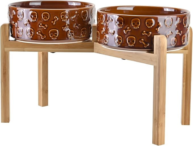 SPUNKYJUNKY Elevated Dog Bowls Ceramic, 8.3'' Dogs Food Water Bowls Raised with Non-Slip Bamboo Stand for Large Sized Breed Microwave Dishwasher Safe - 60 OZ,Skull Bronze by SPUNKYJUNKY
