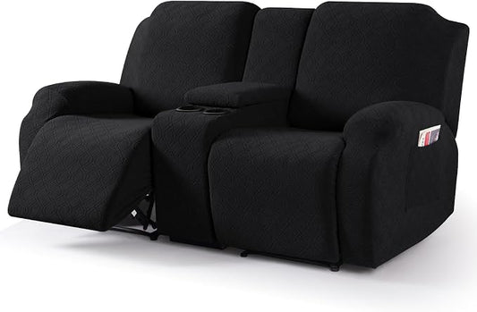 VANSOFY Recliner Loveseat Cover with Middle Console Stretch Reclining Sofa Slipcover for 2 Seat Jacquard Reclining Couch Sofa Covers Furniture Protector with Elastic Straps Bottom (Black) | 4-Pieces, Soft Furniture Protector, Washable Slipcover with Po... by VANSOFYFURNITURECOVERS