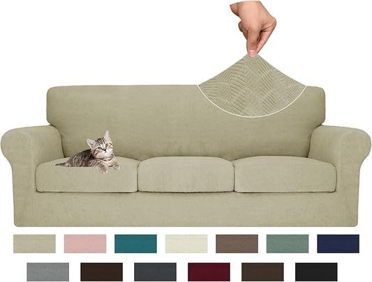 MAXIJIN 4 Piece Couch Covers for 3 Cushion Couch Sofa Covers, Stretch Couch Slipcovers for Sofas with 3 Cushions, Thick 3 Seat Furniture Protector for Dogs Pet (71"-91", Khaki) by MAXIJIN