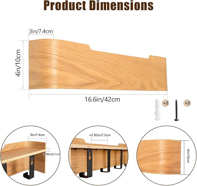 Coat Rack Wall Mount with Hidden Hooks, Wall Hooks with Shelf, Wall Key Holder Mount Wooden Shelf Entryway Hooks for Bedroom Bathroom for Hanging Coats Hats Bags Towels (Oak, 4 Hooks) - Image 3