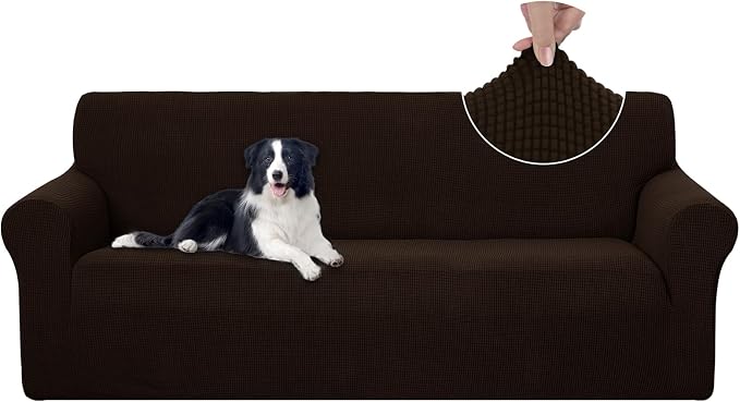 U-NICE HOME Stretch Couch Cover Slipcover for 3 Cushion Sofa, Chocolate | 1-Piece Sofa cover, Washable, Pet friendly, Furniture protector, Polyester Spandex Jacquard fabric by U-NICEHOME