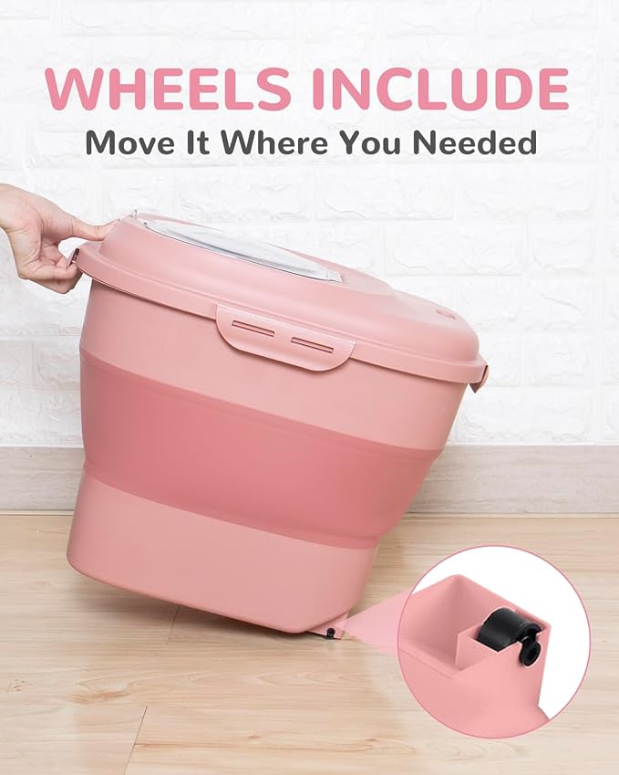 30-35Lbs Airtight Dog Food Storage Container,Collapsible Dog Food Container | Large Pet Food Storage Container with Double Airtight Seal & Magnetic Lid,Dog Food Bin with Wheels,2Pcs Containers,Scoop,Pink - Image 6
