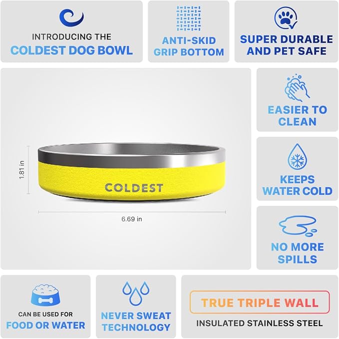 Coldest Dog Bowl - Anti Rust Metal, Non Slip, 3 Layers Insulated Stainless Steel Dog Bowls - Spill Proof & Heavy Duty - Water Bowl for Dogs, Cats & Pets, Dish Washer Safe (21 oz, Solar Yellow) - Image 5
