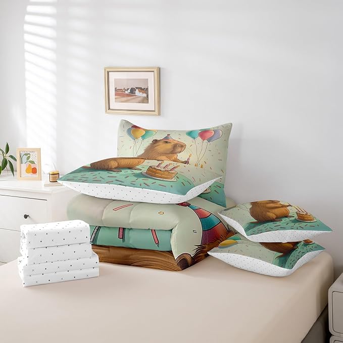 Erosebridal Cute Beaver King Size Comforter Set with Sheets, Wild Animal Bed in A Bag for Kids Teens Youth Adults Bedroom, Wildlife 7 Pcs Bedding Set, Happy Birthday Cake Candle Balloon Bed Sets - Image 5