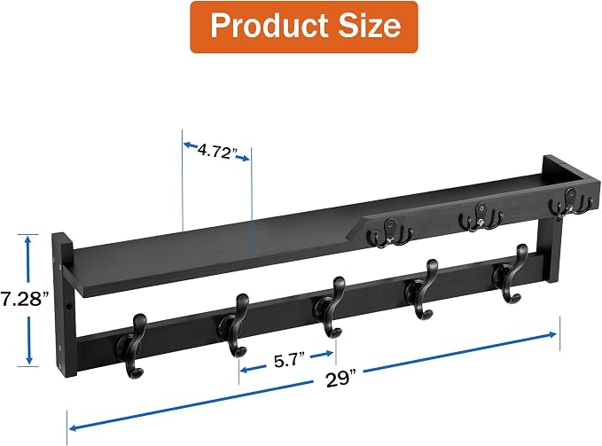 29'' Coat Rack Wall Mount with Shelf, Coat Hanger Wall Mount with Key Hooks and Mail Holder, Wood Entryway Floating Shelf with Hooks and Storage, Hat Rack for Wall Key Holder Mail Organizer - Image 6