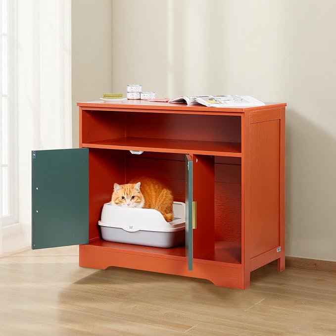 VEVOR Cat Litter Box Enclosure, 31 in Hidden Litter Box Cabinet with Shelf & Storage, Modern Style Indoor Cat Washroom, Wooden Kitty House Furniture End Table, Fit Most Litterboxes, Red & Green - Image 8