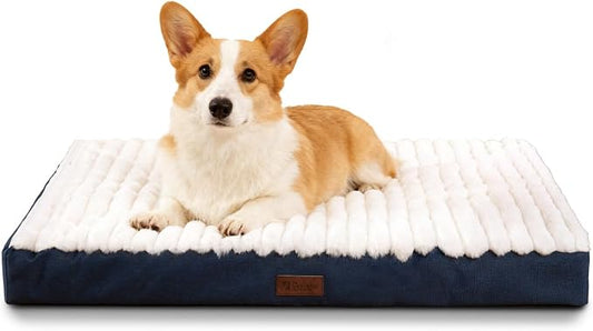 Orthopedic Dog Bed for Medium Dogs, Firm Egg Crate Foam, Non-Slip Bottom | Machine Washable Cover, Plush Faux Rabbit Fur Top, Pet Beds for Crate, Floor & Car, Up to 30 lbs,Blue,29"L x 18"W x 3"H by VERABE