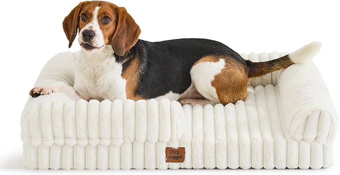 ChiXnuggle Faux Fur Orthopedic Dog Bolster Bed, Waterproof Washable Cover | rectangular dog sofa couch,egg crate foam,non-slip bottom,for large dogs,cream,35*28*7 by SnuggleUpPawsDown
