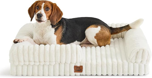 ChiXnuggle Faux Fur Orthopedic Dog Bolster Bed, Waterproof Washable Cover | rectangular dog sofa couch,egg crate foam,non-slip bottom,for large dogs,cream,35*28*7 by SnuggleUpPawsDown
