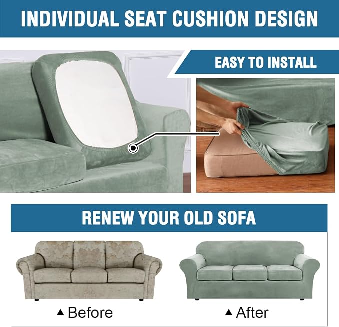 H.VERSAILTEX Rich Velvet Stretch 2 Piece Cover Chair Slipcover Sofa Cover Furniture Protector Couch Soft with Elastic Bottom Chair Couch Cover with Arms Width Up to 49 Inch(Chair, Sea Grass) - Image 6