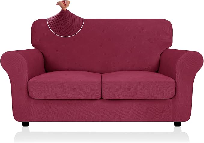ZNSAYOTX 3 Piece Stretch Loveseat Covers (55"-69"), Thick Striped Sofa Covers for 2 Cushion Couch with Elastic Band Bottom Ties Non-Slip Stay in Place, Soft Durable Love Seat Slipcovers, Wine Red by ZNSAYOTX