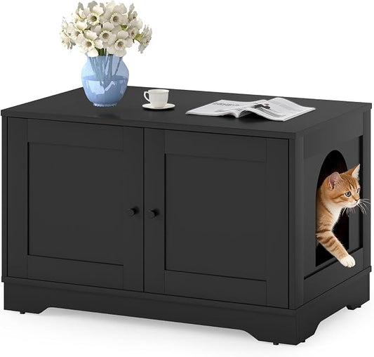 Tangkula Cat Litter Box Enclosure, Wooden Kitty Washroom Cabinet w/Winding Entry & Cat Hole, with Divider, Hidden Double Enclosed Litter Box Furniture for Living Room, Bedroom, Entryway (Black) by TANGKULA