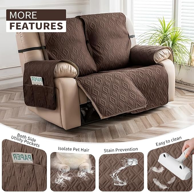 Genina Waterproof Loveseat Recliner Cover Non-Slip, Sofa Cover for Reclining Couch 2 Seat, Washable Couch Cover Loveseat Furniture Protector Cover for Pets Dogs Kids (Chocolate, Recliner Loveseat) - Image 4