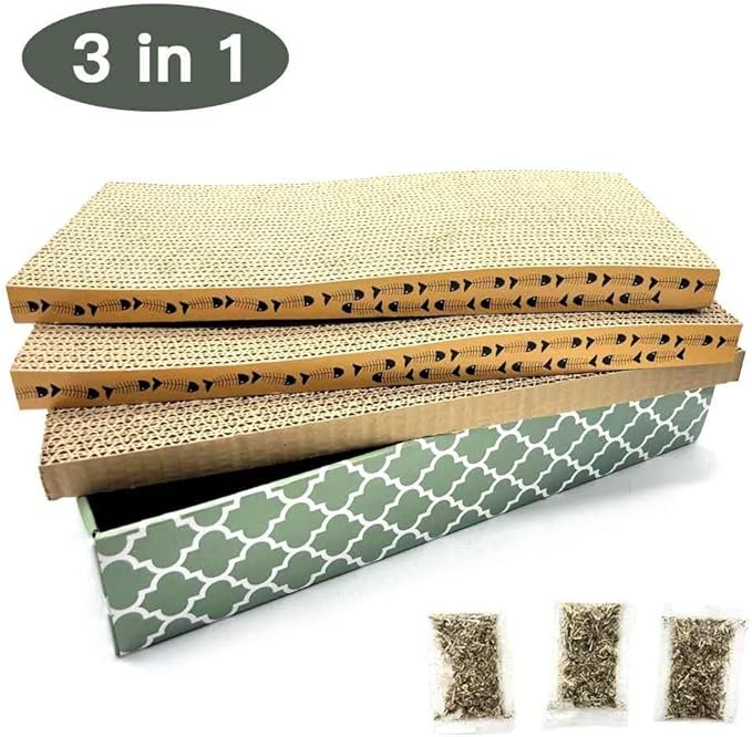 Cat Scratcher Cardboard Scratching Pads Scratch Lounge Bed with Catnip 3PCS Reversible Corrugated Cardboard with Scratch Box - Image 4