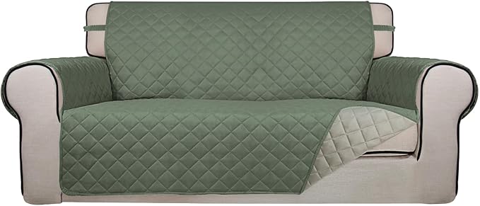 PureFit Reversible Quilted Couch Covers for Dogs Loveseat Sofa Cover 54" | Greyish Green/Beige, Water Resistant Couch Protector, Washable Pet Couch Cover with Non Slip and Elastic Straps For Kids by PureFit