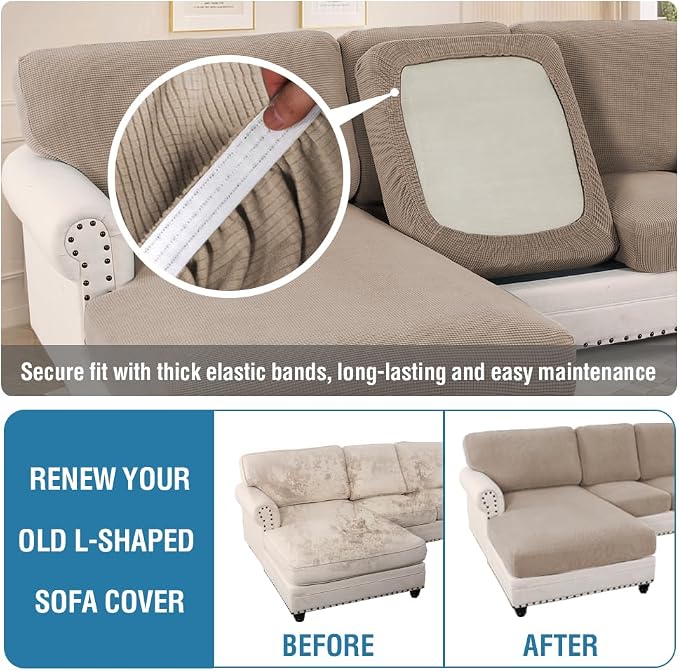 H.VERSAILTEX Sectional Couch Covers 6 Pieces Stretch Sofa Covers for Sectional Sofa Set Separate L Shaped Couch Cover for Both Left/Right Couch (Seat and Back: 1 Chaise + 2 Sofa, Sand) - Image 6