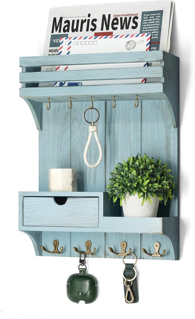 Rebee Vision Key Holder Wall Mount with Drawer & Shelf for Entryway, Blue | Sturdy Wood, Key Holder for Wall, 9 Sturdy Hooks, Floating Shelf, Plant Display, Drawer Organizer, Mail Sorter, Home Decor by REBEEVISION