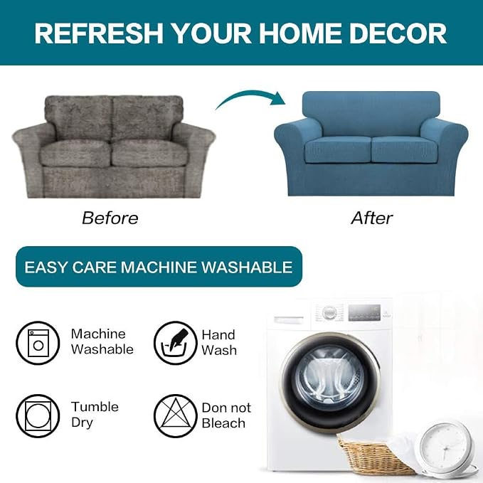 Turquoize 3 Piece Sofa Covers For 2 Cushion Couch Sofa Slipcover Soft Couch Cover For Dogs-Washable Sofa Furniture Covers With 2 Individual Cushion Covers, Thick Jacquard Fabric (Loveseat, Dusty Blue) - Image 7
