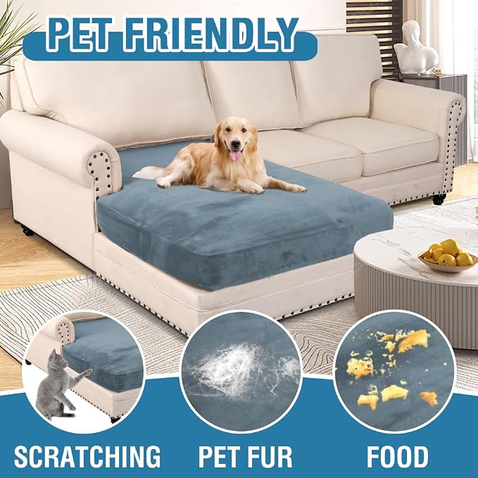 H.VERSAILTEX Velvet Stretch Individual Chaise Cover Sectional Couch Covers for L Shaped Sofa Both Left/Right Furniture Protector Seat Cushion Sofa Cover (1 Piece Chaise Cover, Stone Blue) - Image 3