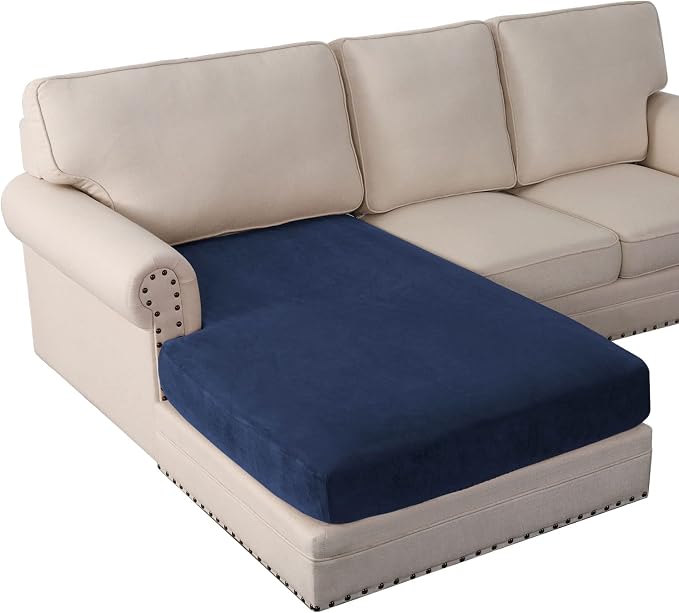PrinceDeco Sectional Couch Covers Velvet Couch Cover for Dogs Washable L Shaped Couch Cover 1 Piece Individual Sectional Couch Covers with Elastic Bottom(Chaise Lounge,Navy) by PrinceDeco