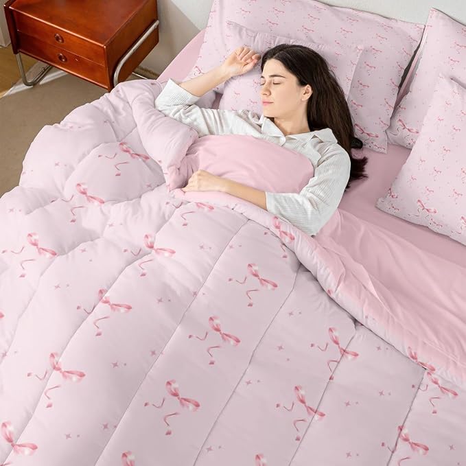 Erosebridal Girly Bowknot 7 Piece Comforter Set Twin Bed in A Bag for Girls Pink Bow Bedding Set Coquette Room Decor Dreamy Ribbon Bow Knot Princess Quilt Watercolor Aesthetic Bowtie Sheet Set - Image 5