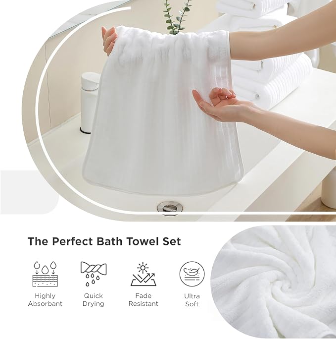18 Piece Family Bath Towel Set Include 6 Bath Towels,6 Hand Towels and 6 Washcloths Soft Bathroom Towel with Hanging Loops,Highly Absorbent Quick Dry Towels Set for Bathroom,Hotel and Spa-White - Image 6