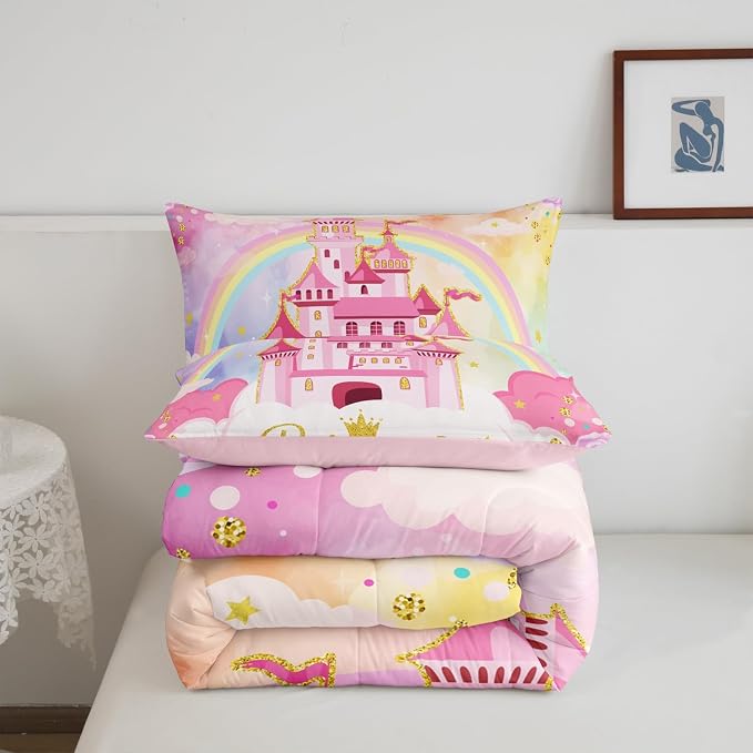 Princess Comforter Set King Size 3 Pcs,Fairy Tale Starry Rainbow Sky Glitter Bedding Set,Flowers Garden Princess Castle Fantasy Quilt Set for Adults Bedroom,Dreamy Pink Duvet Insert,2 Pillowcases - Image 5