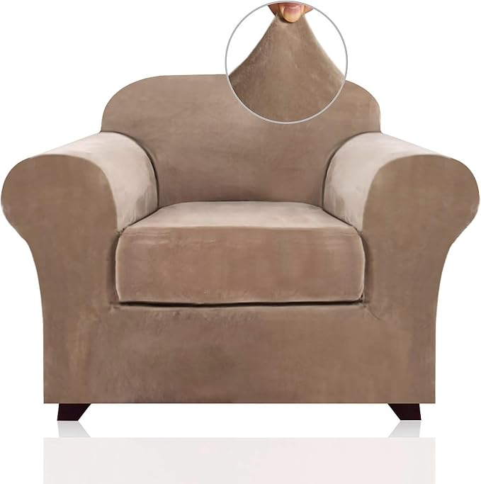 PrinceDeco Velvet Plush Couch Cover Stretch 2 Piece Chair Cover Chair Slipcover Washable Furniture Protector Couch Soft with Elastic Bottom Armchair Cover Width Up to 49 Inch(Small, Camel) by PrinceDeco