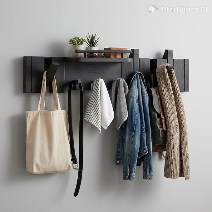 Mid Century Modern Wood Coat Rack Wall Mount with Shelf, 7 Hooks, Black | Wood and metal wall rack with fold-down piano-key hooks and display shelf organizes coats, bags, keys and decor up to 25 lb - Image 2