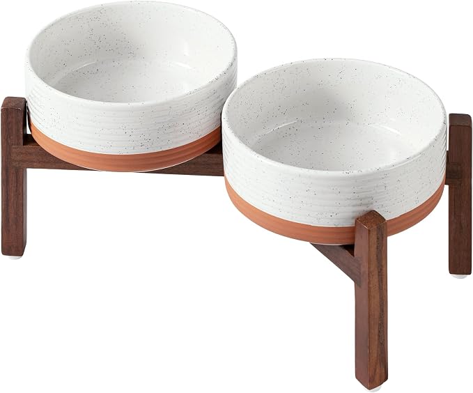 Havniva Elevated Dog Bowls, Ceramic Raised Dog Bowl with Stand | 7.3” Dog Food Bowls Elevated, Dog Food and Water Bowl Set, Non-Slip Acacia Wood Stand, Medium Dogs Bowl, 5 Cups 41 oz by Havniva