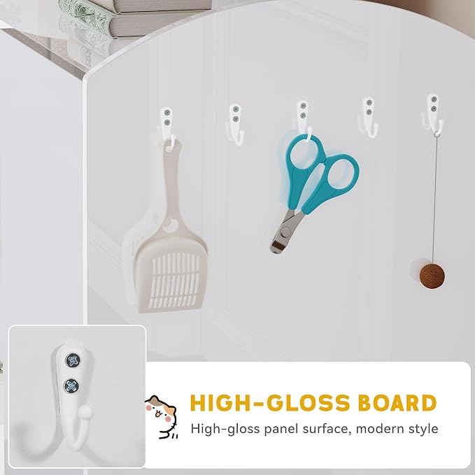DWVO Large Hidden Litter Box Furniture with Hooks | Modern Cat Litters Box Enclosure for M/L/XL Litter Boxes, Wooden Secret Cat Cabinet, High-Gloss White - Image 7
