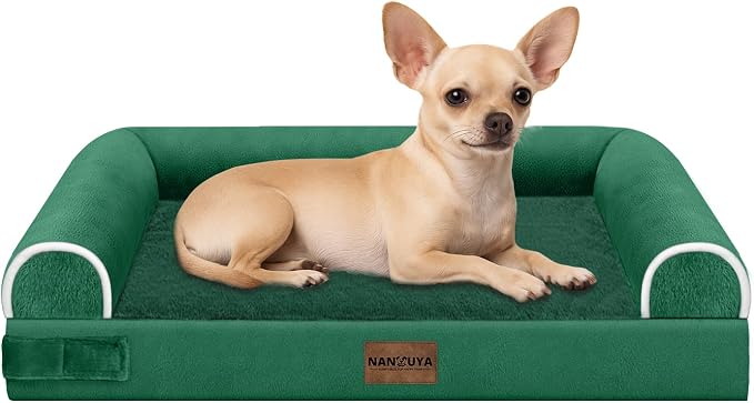 NANUYA Orthopedic Dog Bed for Small Dogs, 24 x 16 Inch, Emerald | Egg crate foam for joint support, 3-sided bolster pet sofa, waterproof lining, washable cover, and non-skid base by Nanuya