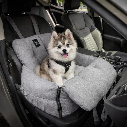 JACKO & CO - Premium Dog Car Seat v2 Booster Seat for Small & Medium Pets Under 25lbs - Machine Washable w Removable Cover, Water Resistant w Clip-On Leash for Front or Back Seat (Grey/Small (1-25lbs)