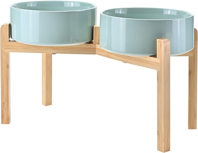SPUNKYJUNKY Elevated Dog Bowls Ceramic, 8.3'' Dogs Food Water Bowls Raised with Non-Slip Bamboo Stand for Large Sized Breed Microwave Dishwasher Safe - 60 OZ,Light Green by SPUNKYJUNKY
