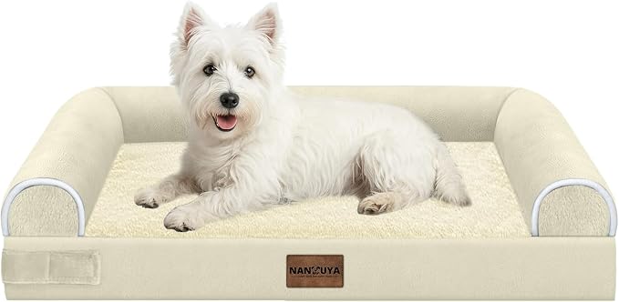 NANUYA Orthopedic Dog Bed for Medium Dogs, 28 x 19 Inch, Beige | Egg crate foam for joint support, 3-sided bolster pet sofa, waterproof lining, washable cover, and non-skid base by Nanuya