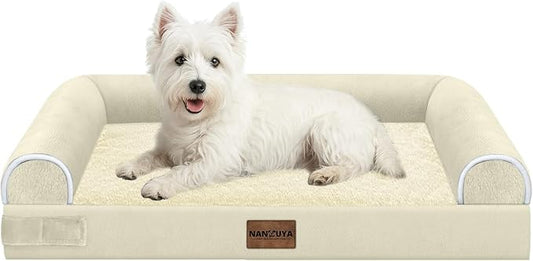 NANUYA Orthopedic Dog Bed for Medium Dogs, 28 x 19 Inch, Beige | Egg crate foam for joint support, 3-sided bolster pet sofa, waterproof lining, washable cover, and non-skid base by Nanuya