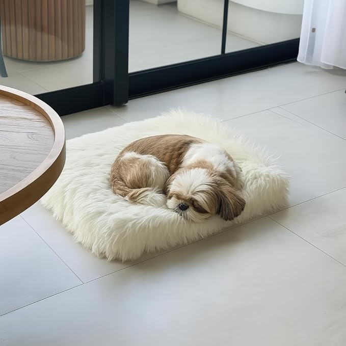 Faux Fur Orthopedic Rectangular Dog Bed, Memory Foam, White Small 23"x18" | Plush Sheepskin Style Furry Rug, Calming for Senior and Large Dogs, Washable Waterproof Cover, Fits Crates and Floors by iHappyDog