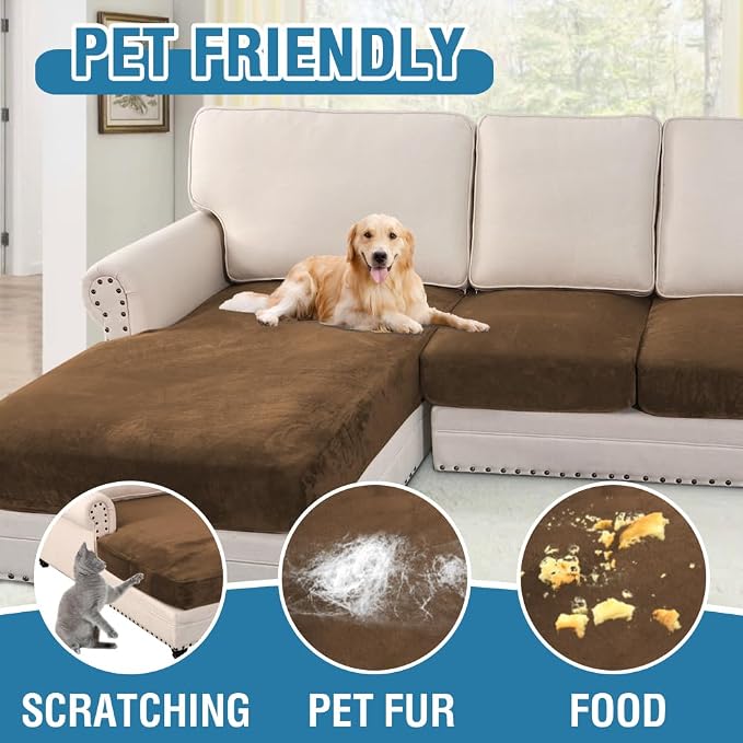 H.VERSAILTEX Velvet Stretch Sectional Couch Covers 4 Pieces Sofa Seat Cushion Covers L Shape Separate Couch Cover for Both Left/Right Sectional Couch (Large Sofa 3 Seater + 1 Chaise, Bronze Brown) - Image 4