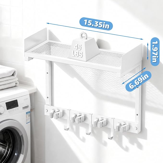 Mop Broom Holder Wall Mount with Top Shelf, Broom Organizer Wall Mount | 15inch,Mop Broom Wall Hanging Heavy Duty Tools Storage Rack Space-Saving for Garage,Kitchen,Laundry Room - Image 2
