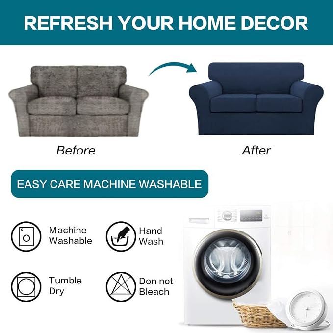 Turquoize 3 Piece Sofa Covers for 2 Cushion Couch Sofa Slipcover Soft Couch Cover for Dogs-Washable Sofa Furniture Covers with 2 Individual Cushion Covers, (2 Cushion Sofa, Navy) - Image 7