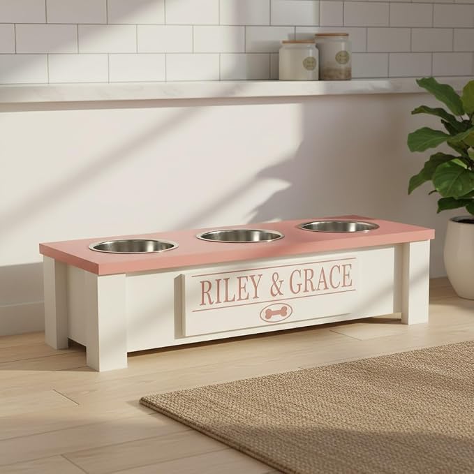 3 Bowl Dog Feeding Station, Personalized Triple Bowl Food Stand Small Dogs | Farmhouse Style, Elevated Wood Stand, Storage Container, Stainless Steel Bowls, Raised Feeder, Small Breed, Made in USA - Image 4
