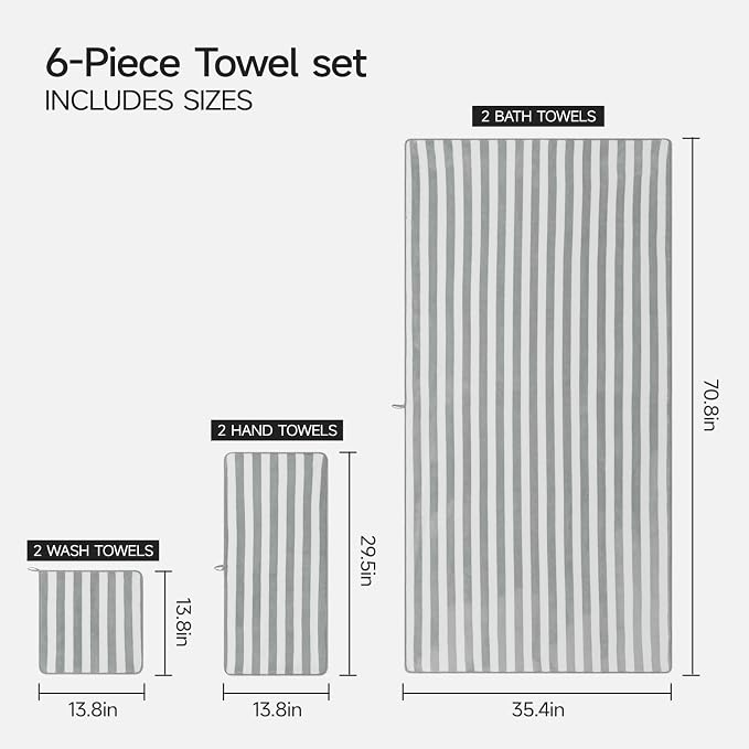 REDKISS Ultra Soft Bath Towel Sets 6-Piece 35"x70" | 100% Microfiber, Highly Absorbent & Quick Dry | Grey Towels for Bathroom, Spa, Gym | 2 Bath, 2 Hand, 2 Washcloths - Image 3